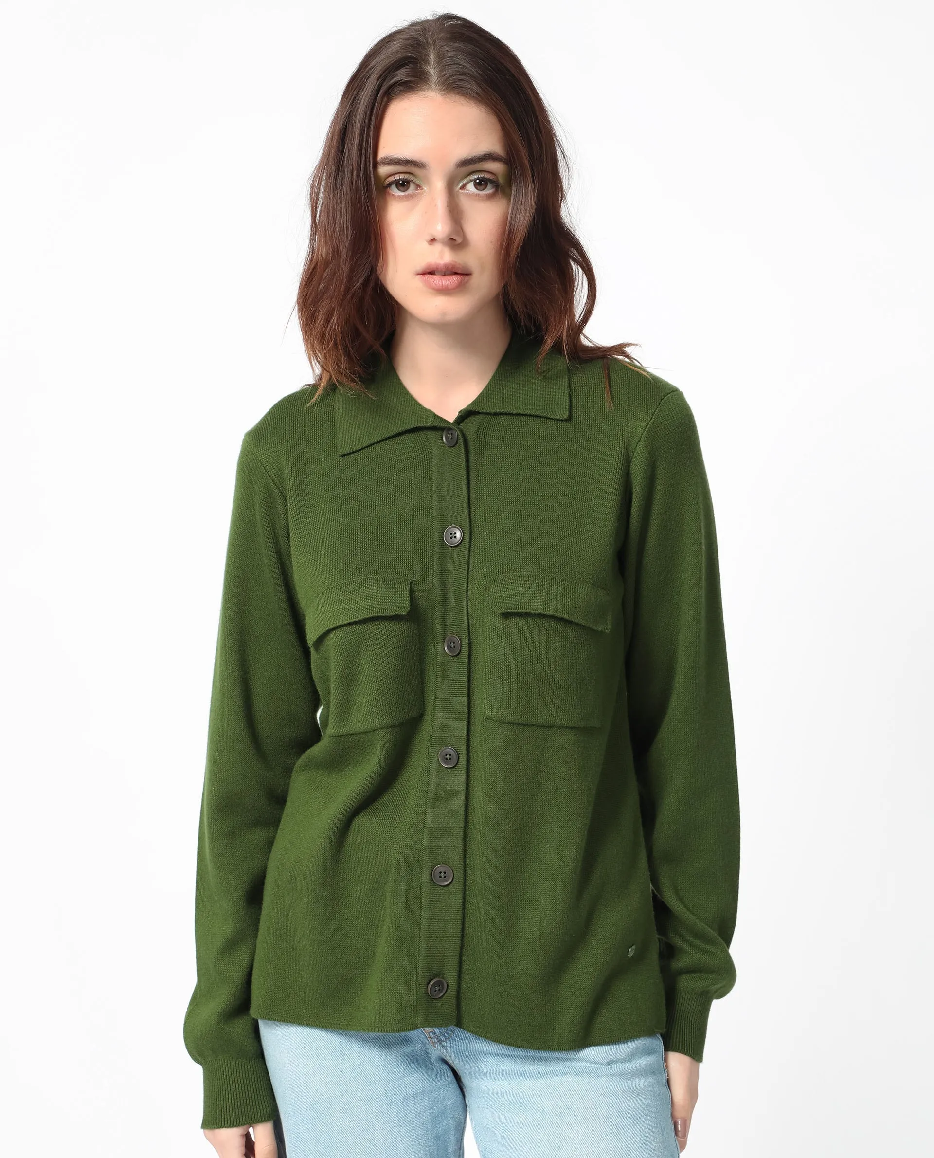 Rareism Women Korn Green Viscose Fabric Full Sleeves Regular Fit Solid Shirt Collar Sweater