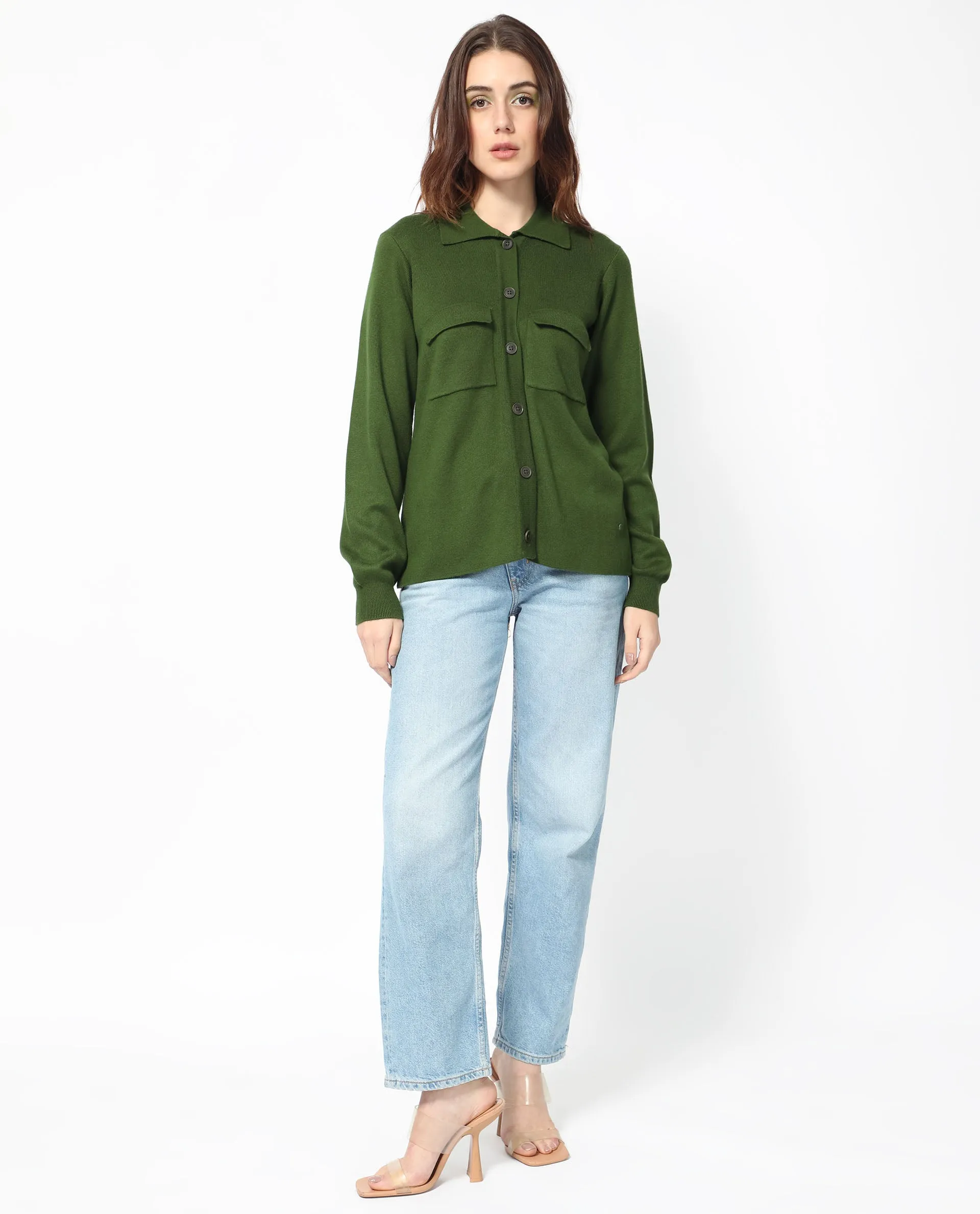 Rareism Women Korn Green Viscose Fabric Full Sleeves Regular Fit Solid Shirt Collar Sweater