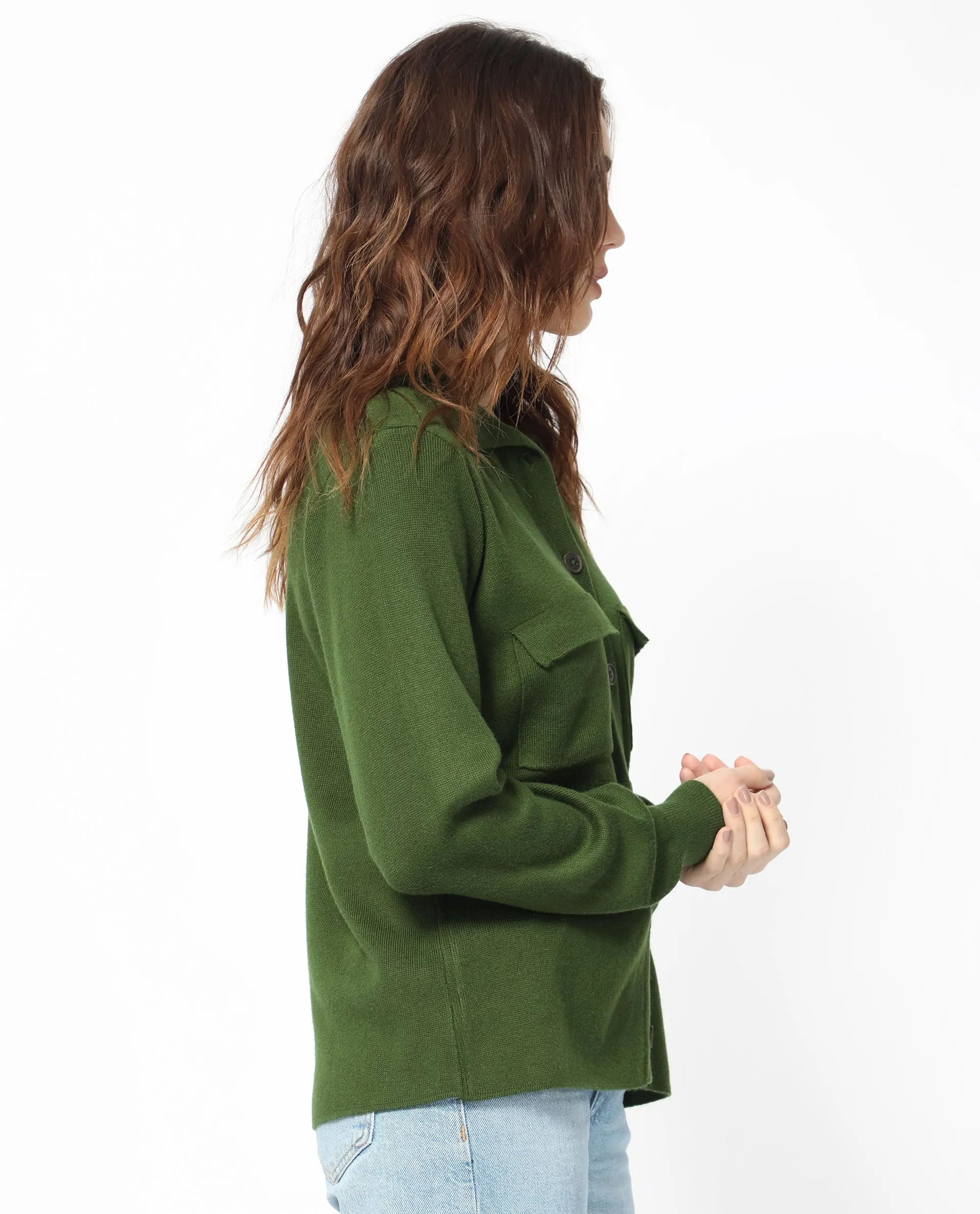 Rareism Women Korn Green Viscose Fabric Full Sleeves Regular Fit Solid Shirt Collar Sweater