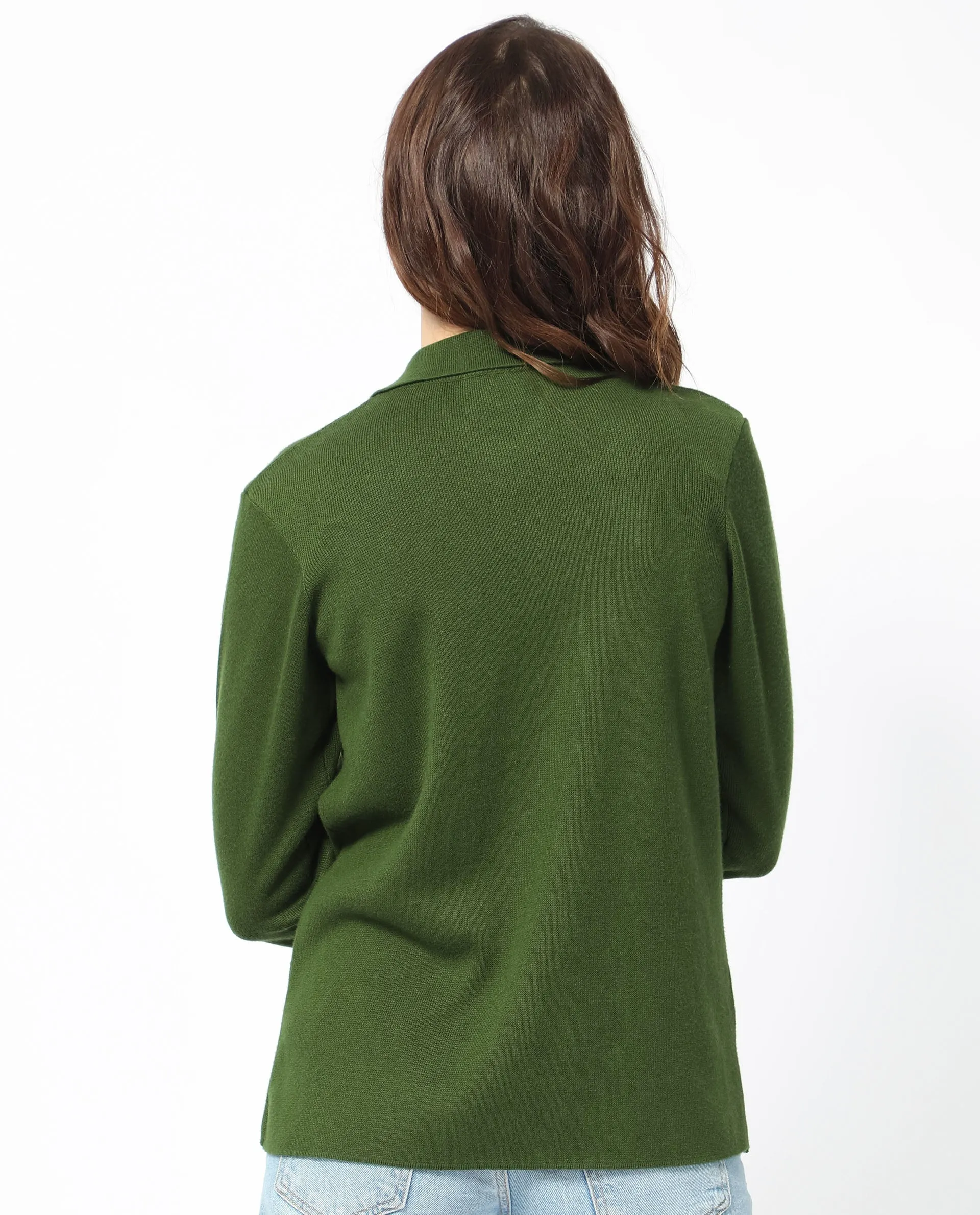 Rareism Women Korn Green Viscose Fabric Full Sleeves Regular Fit Solid Shirt Collar Sweater