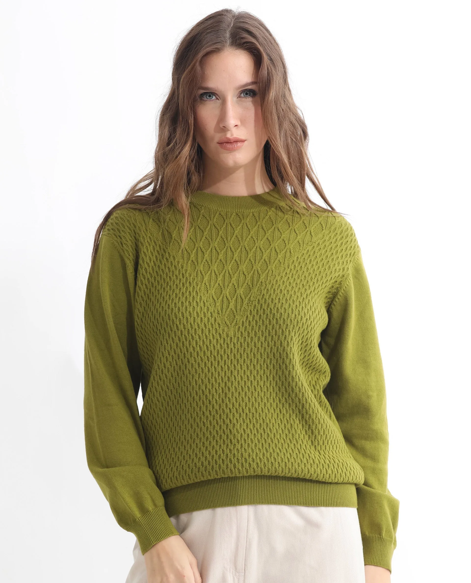 Rareism Women Whittall Olive Cotton Fabric Full Sleeves Relaxed Fit Solid High Neck Sweater