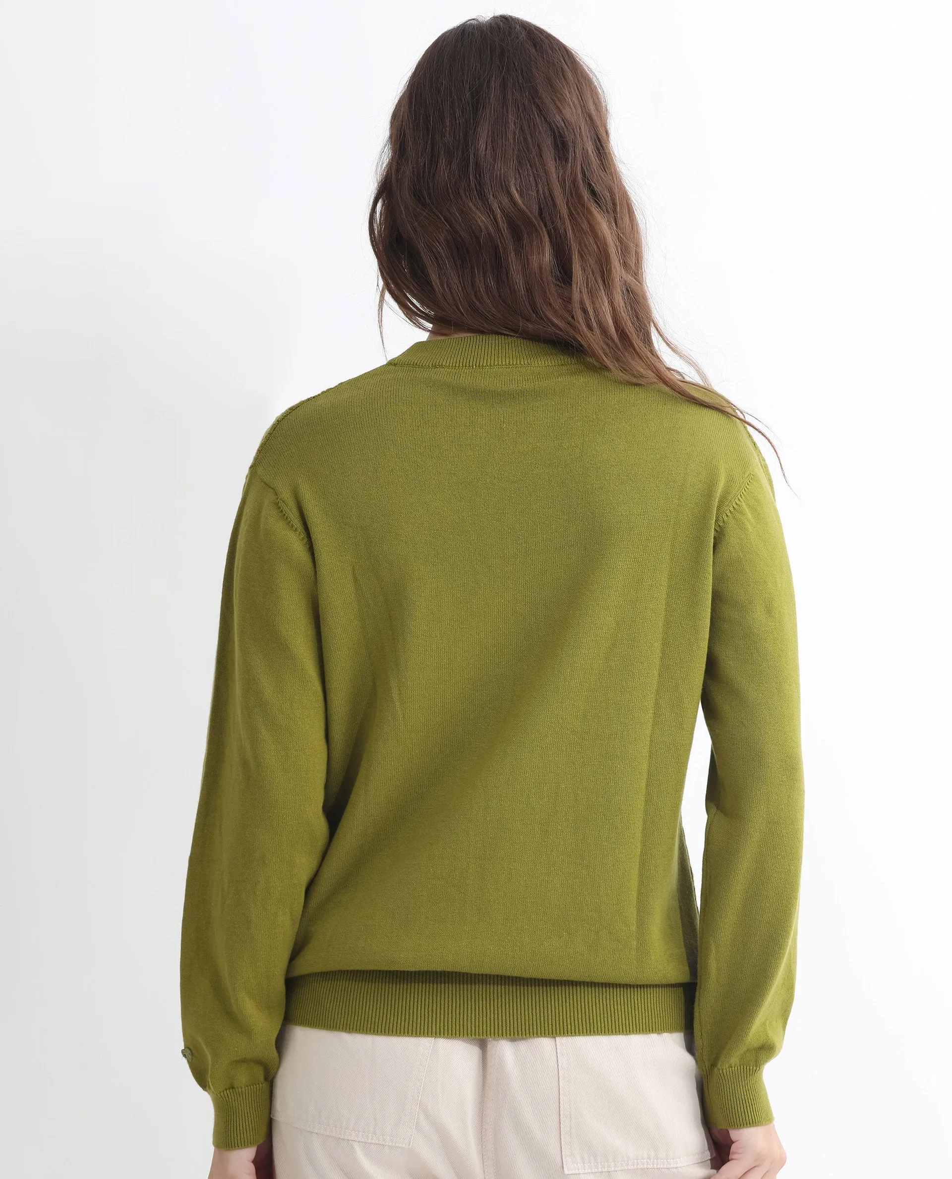 Rareism Women Whittall Olive Cotton Fabric Full Sleeves Relaxed Fit Solid High Neck Sweater