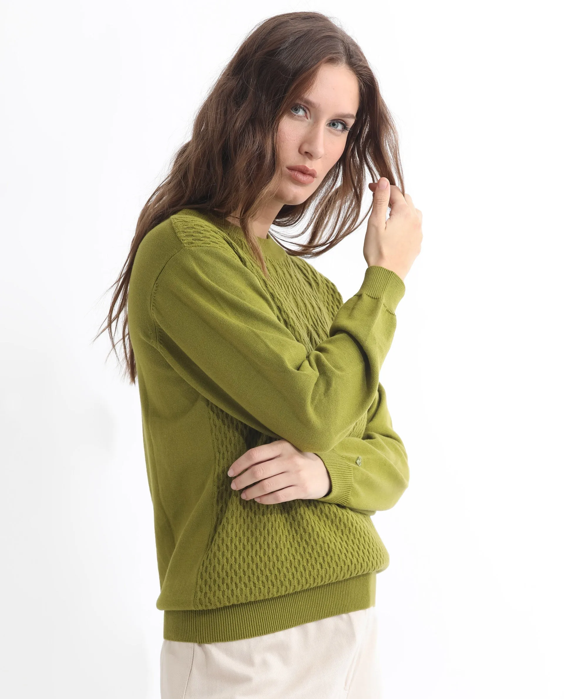 Rareism Women Whittall Olive Cotton Fabric Full Sleeves Relaxed Fit Solid High Neck Sweater