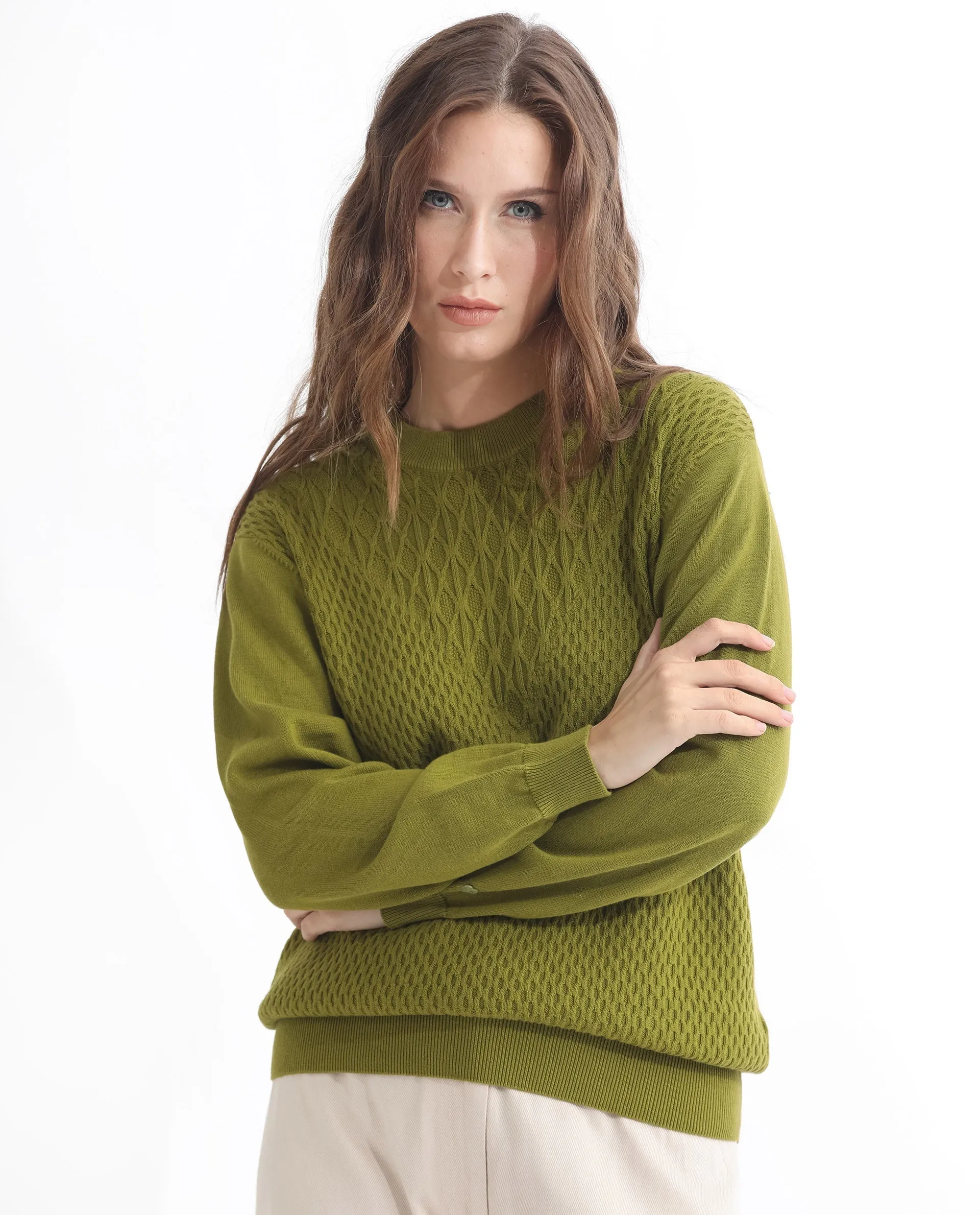 Rareism Women Whittall Olive Cotton Fabric Full Sleeves Relaxed Fit Solid High Neck Sweater