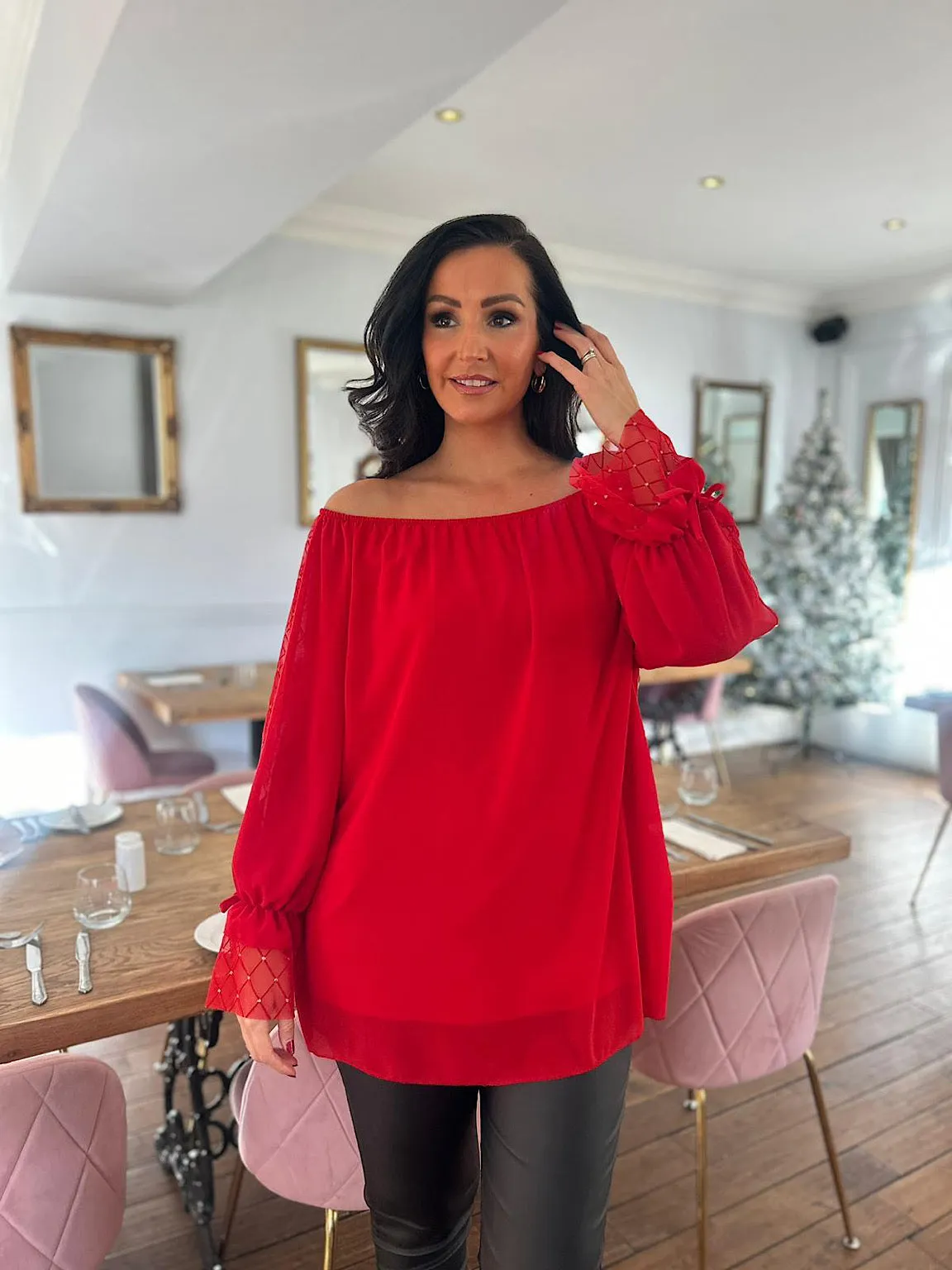 Red Diamond Sleeve Bardot Top Joy