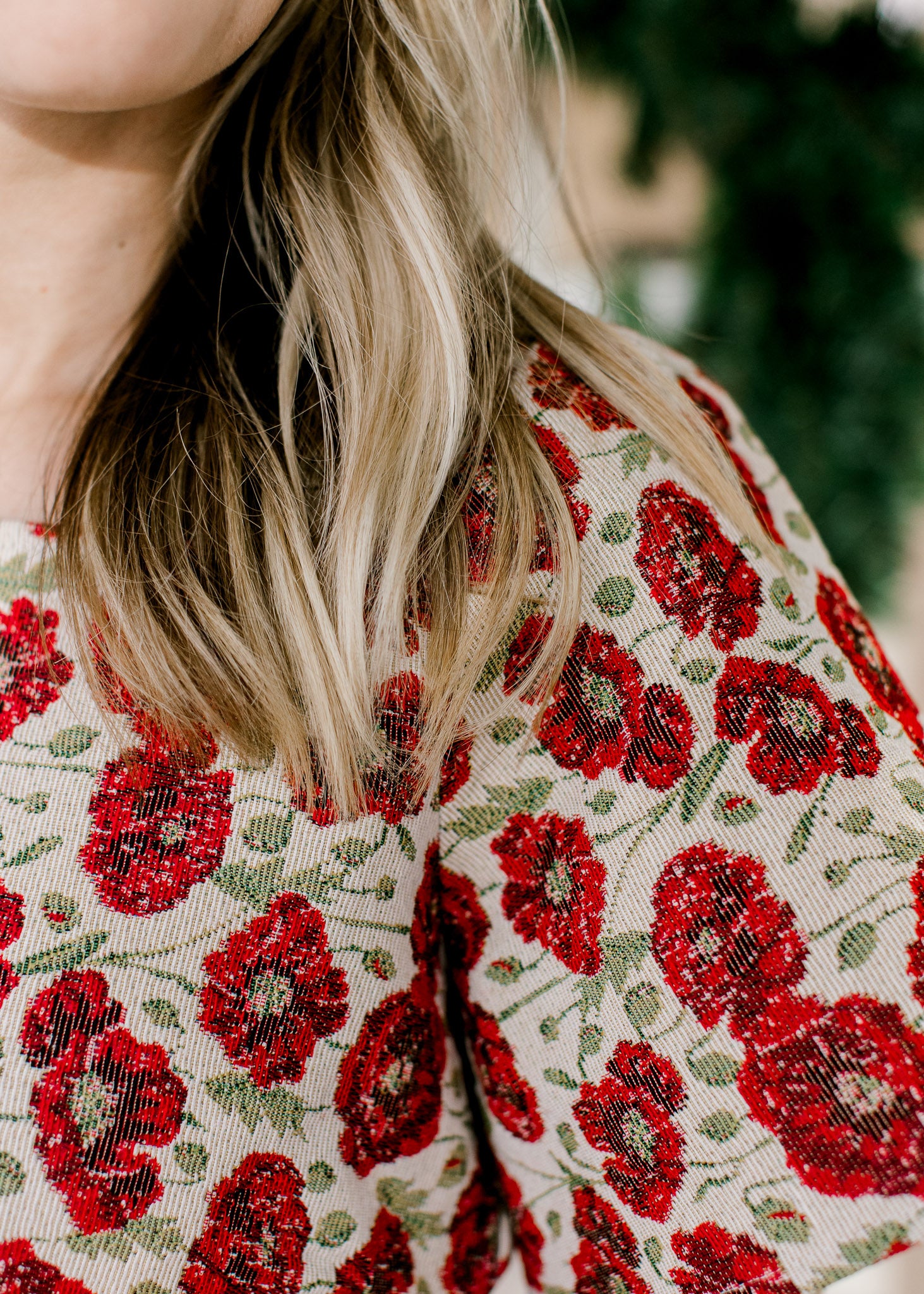 Red Flowers Brocade Top