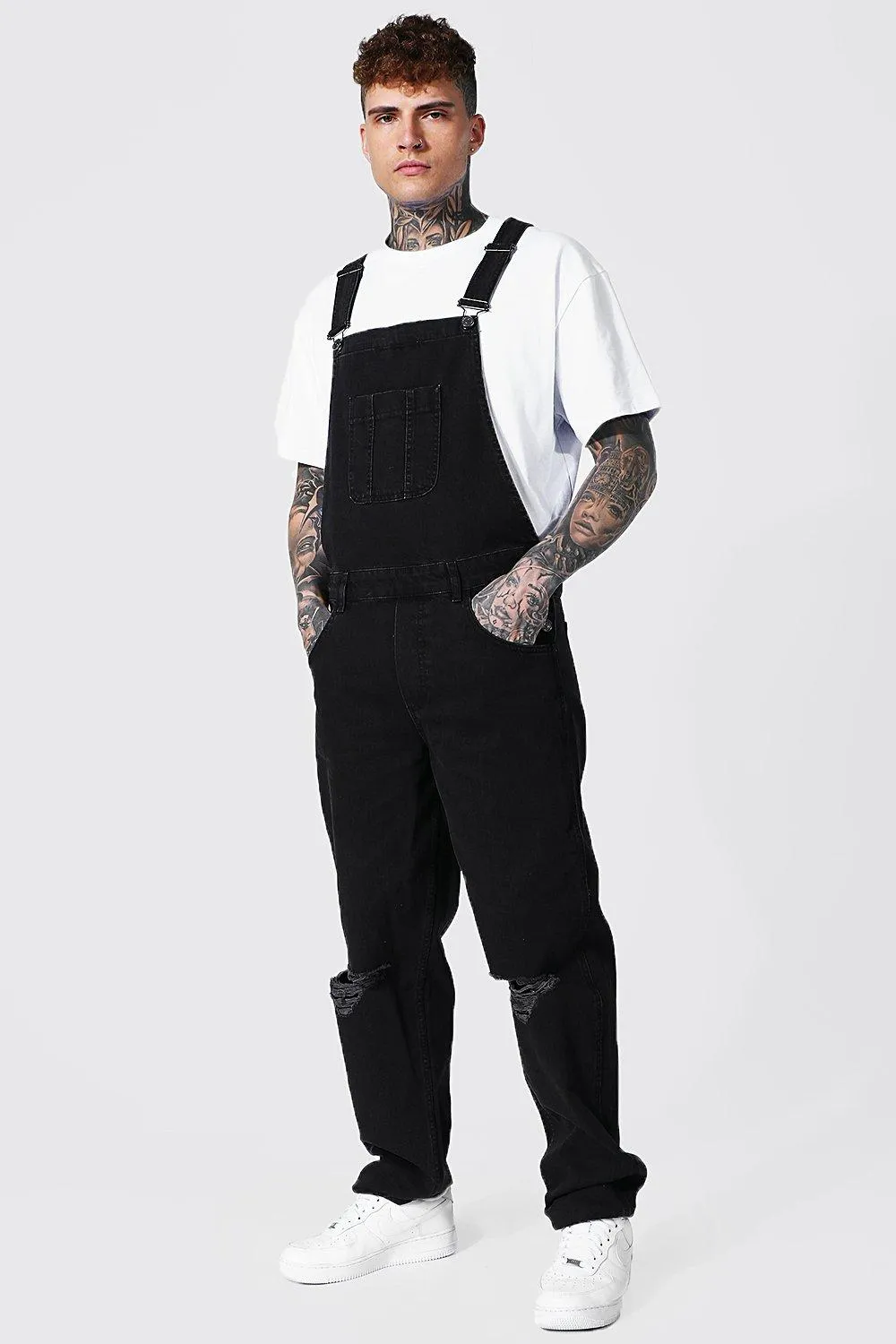 Relaxed Fit Rigid Busted Knee Long Dungaree | boohooMAN UK