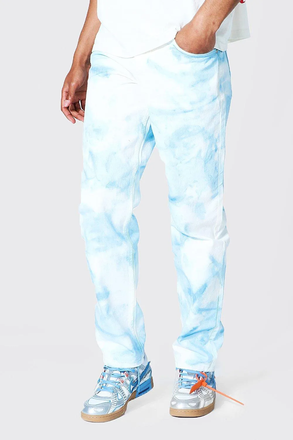 Relaxed Fit Rigid Cloud Print Jeans | boohooMAN UK