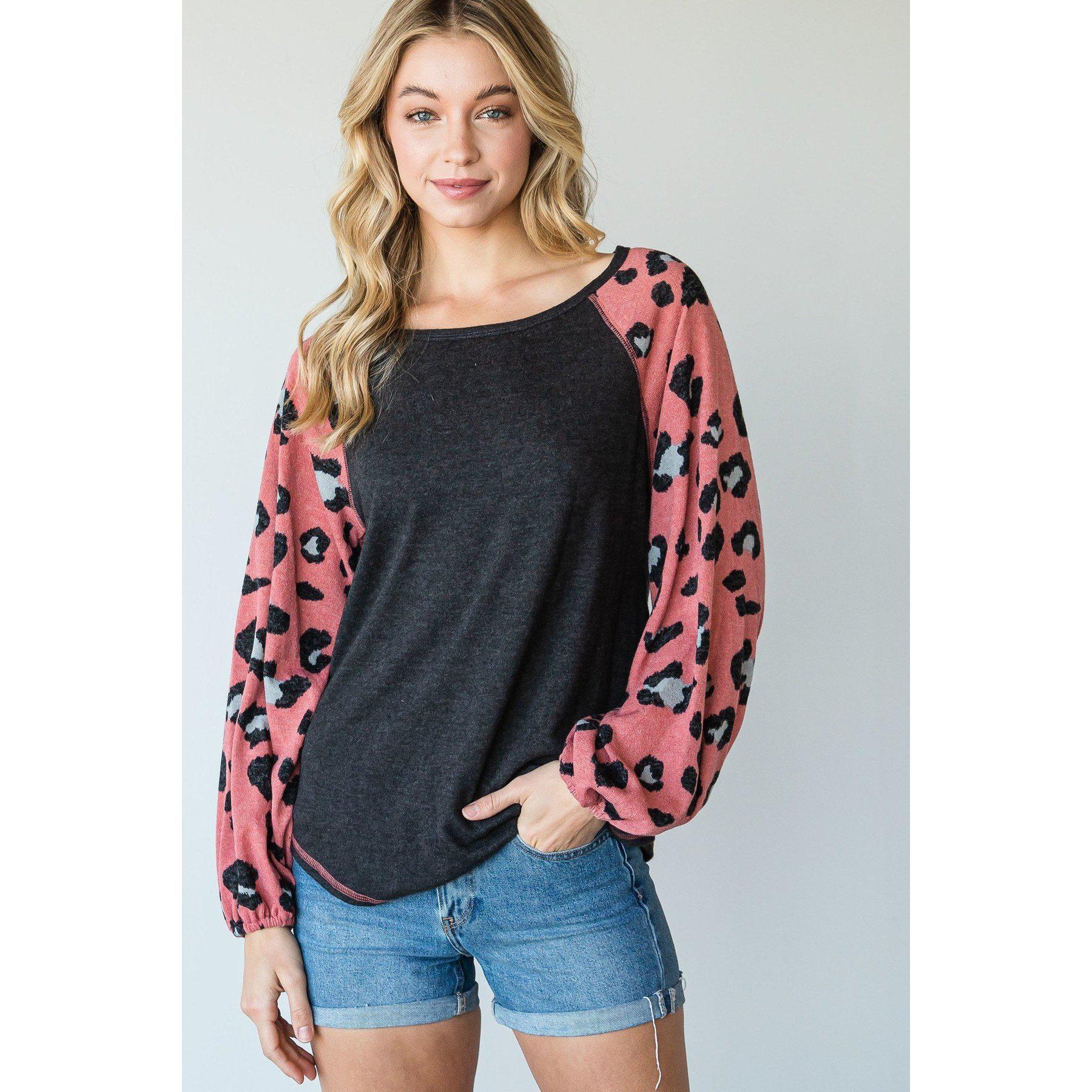 Round Neckline And Animal Print Color Block Top