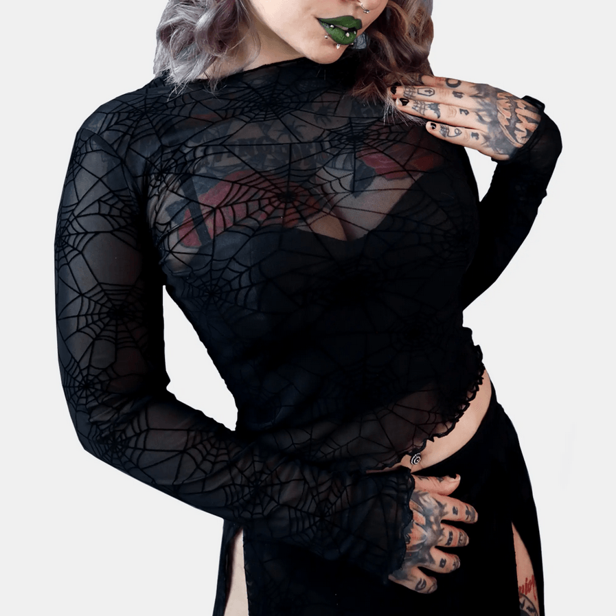 Spider Web Mesh Long Sleeve Crop Top