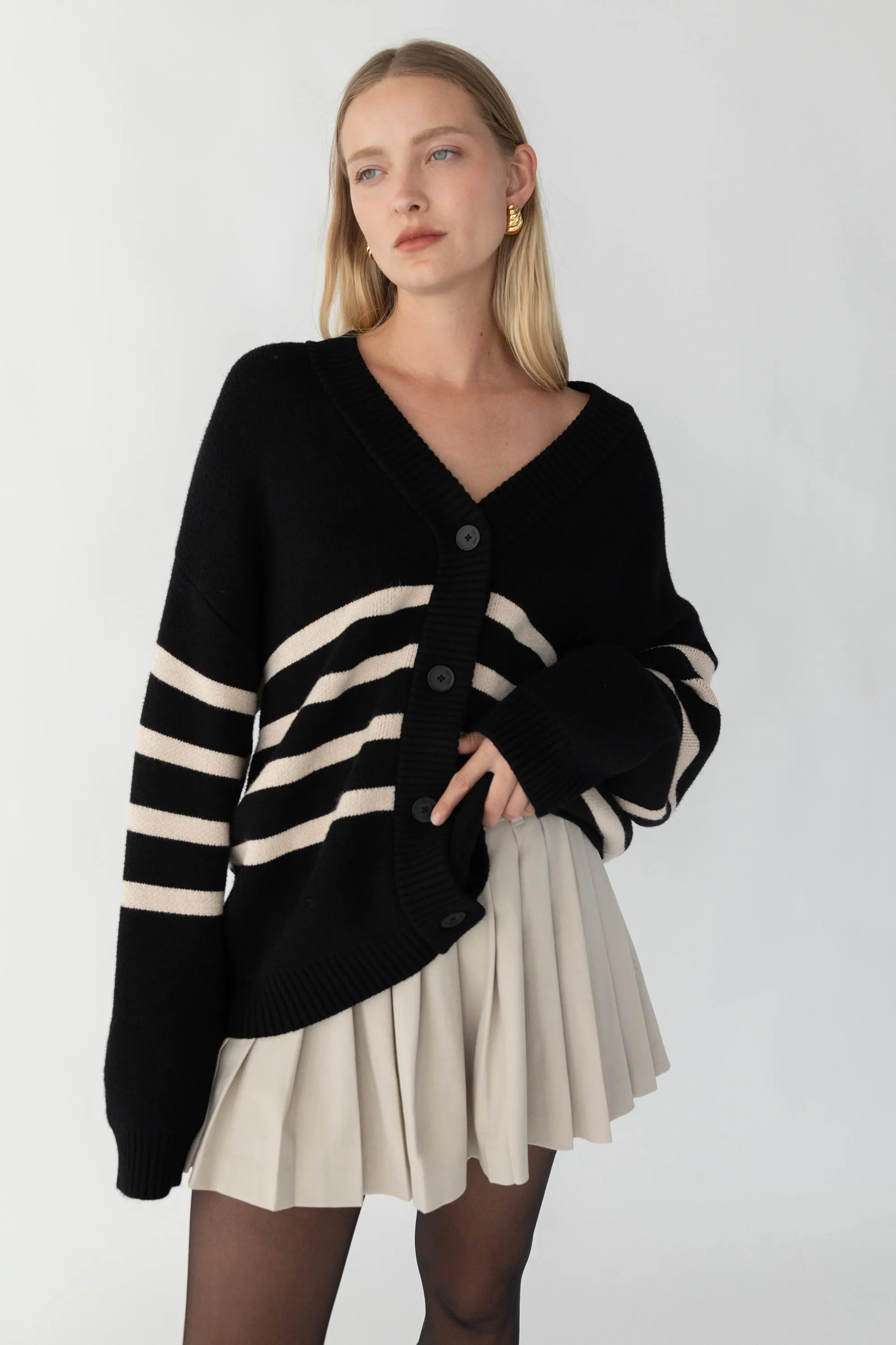 STRIPED BUTTON FRONT CARDIGAN