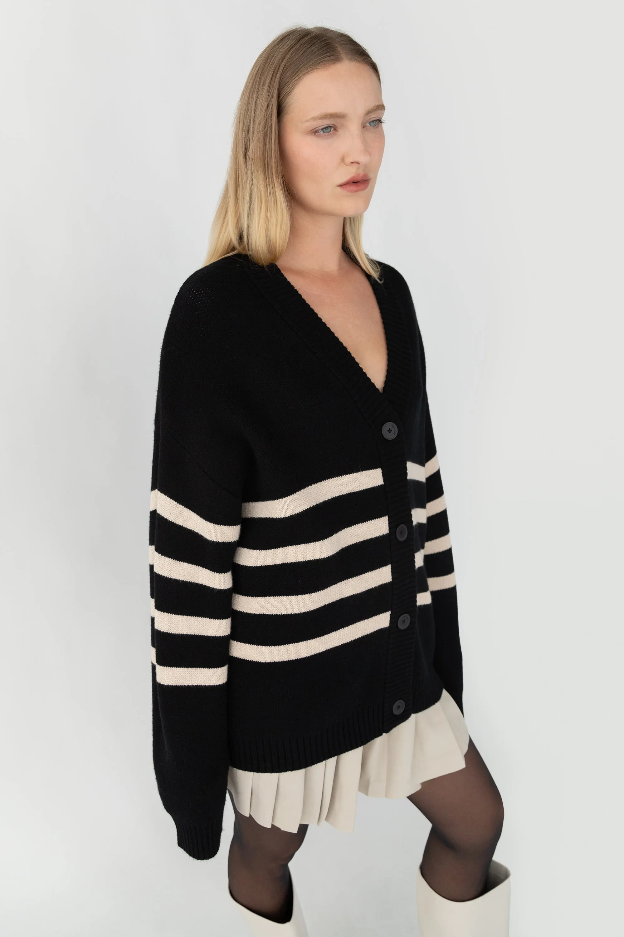 STRIPED BUTTON FRONT CARDIGAN