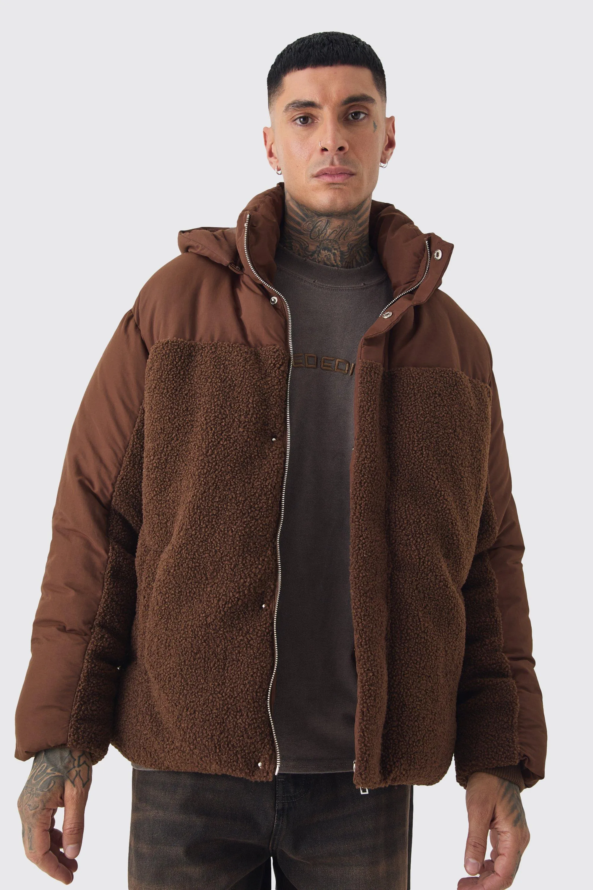 Tall Borg And Nylon Padded Coat In Chocolate