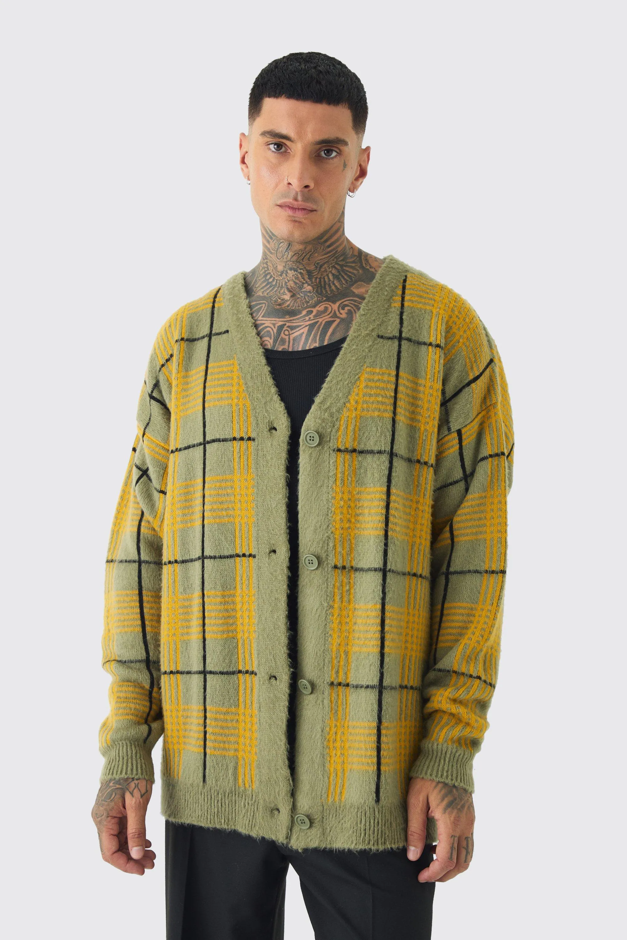 Tall Brushed Knit Check Drop Shoulder Cardigan