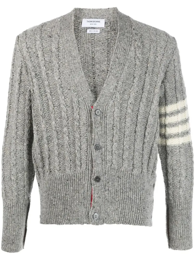 Thom Browne 4-Bar Stripe Cable Cardigan Grey | Luxury and style at your fingertips