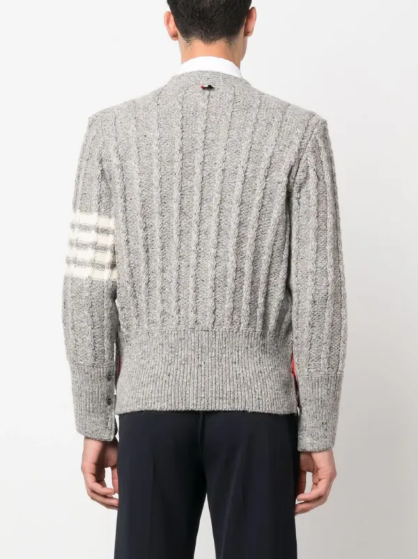 Thom Browne 4-Bar Stripe Cable Cardigan Grey | Luxury and style at your fingertips