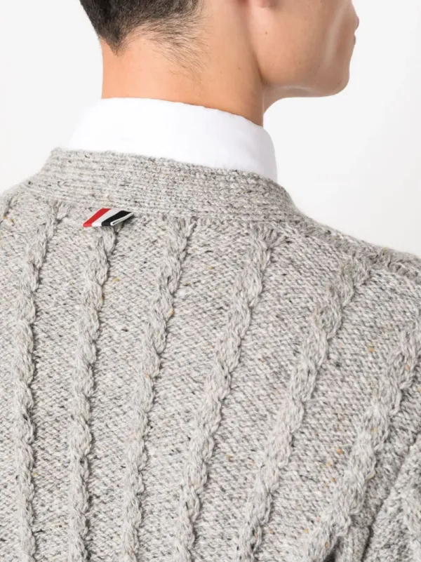 Thom Browne 4-Bar Stripe Cable Cardigan Grey | Luxury and style at your fingertips