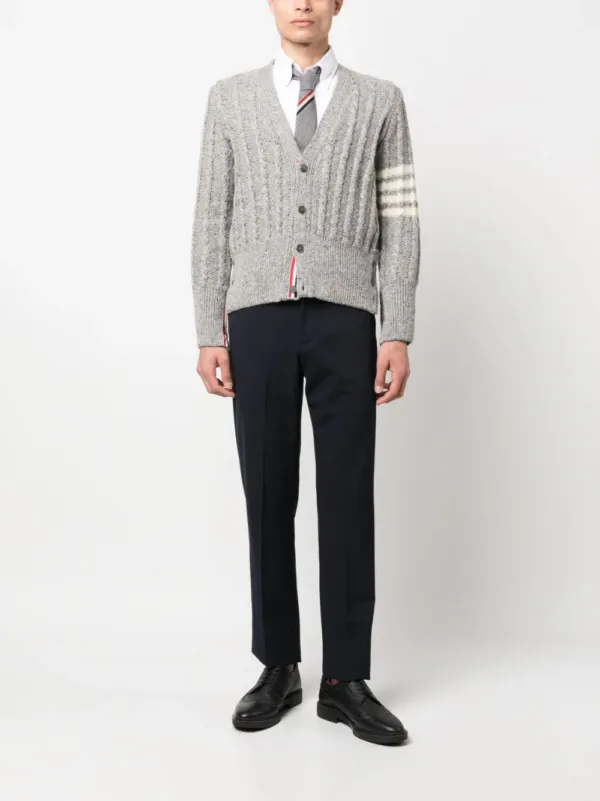 Thom Browne 4-Bar Stripe Cable Cardigan Grey | Luxury and style at your fingertips