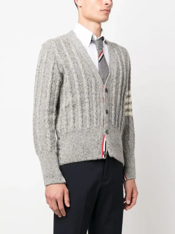 Thom Browne 4-Bar Stripe Cable Cardigan Grey | Luxury and style at your fingertips