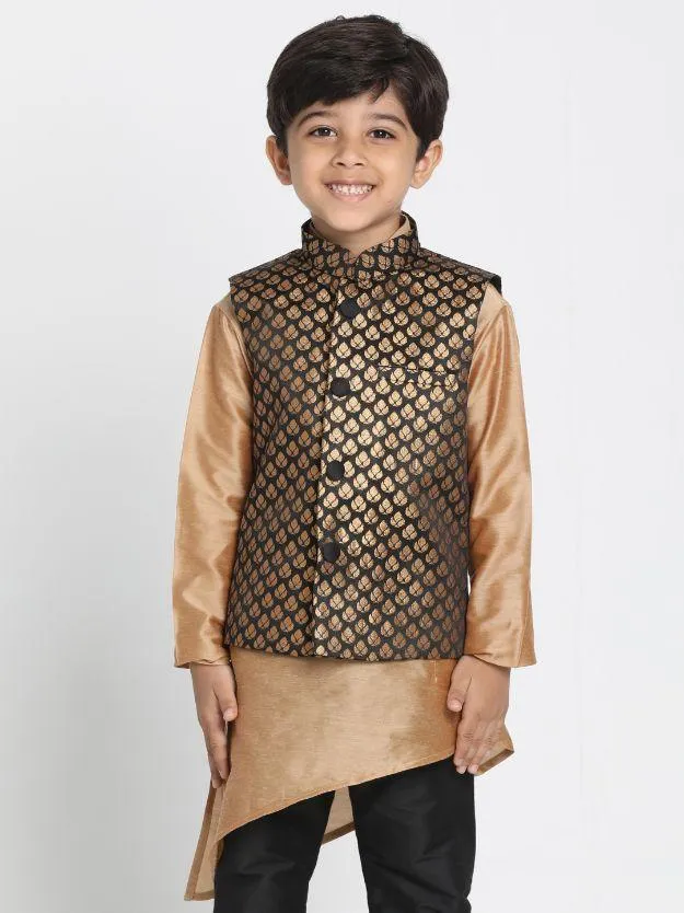 VASTRAMAY Boys' Black Cotton Silk Blend Nehru Jacket