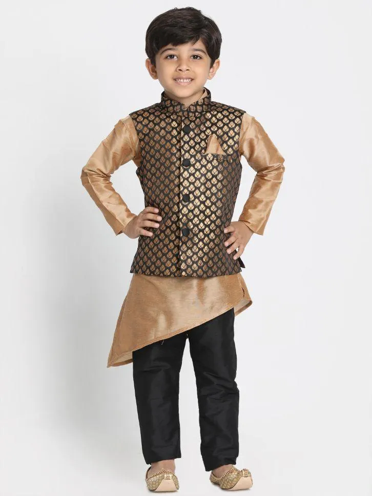 VASTRAMAY Boys' Black Cotton Silk Blend Nehru Jacket