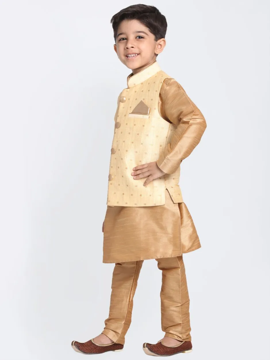 Vastramay Boys' Gold Cotton Silk Blend Kurta, Waistcoat and Pyjama Set