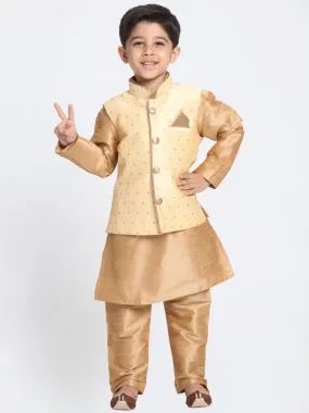 Vastramay Boys' Gold Cotton Silk Blend Kurta, Waistcoat and Pyjama Set