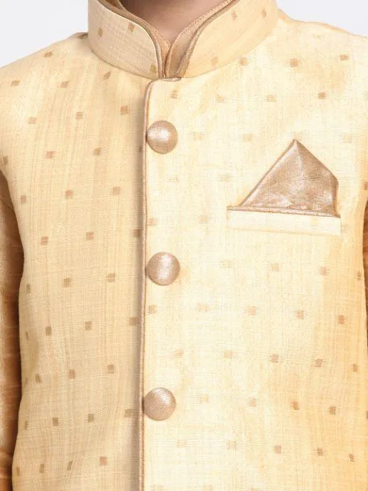 Vastramay Boys' Gold Cotton Silk Blend Kurta, Waistcoat and Pyjama Set