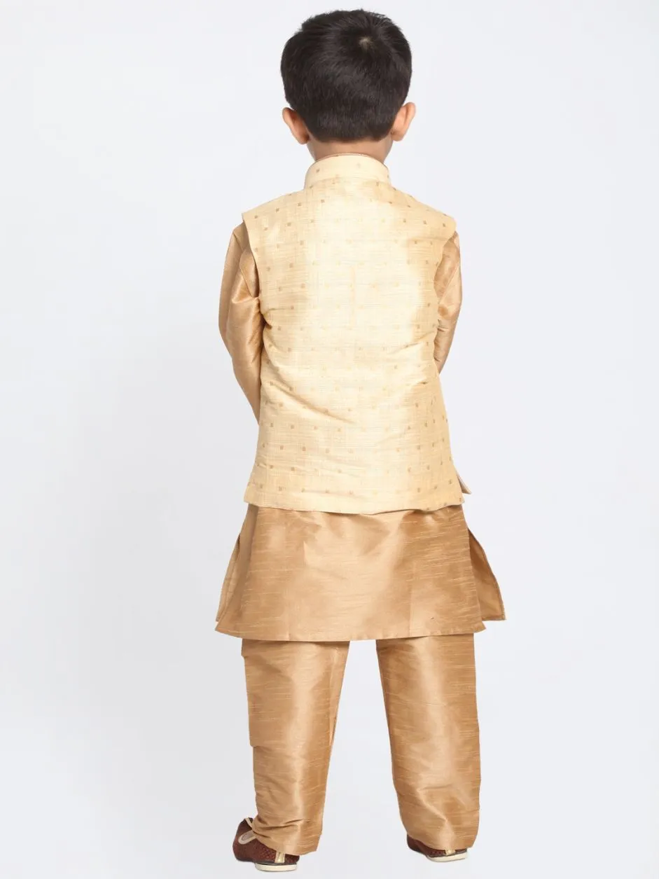 Vastramay Boys' Gold Cotton Silk Blend Kurta, Waistcoat and Pyjama Set