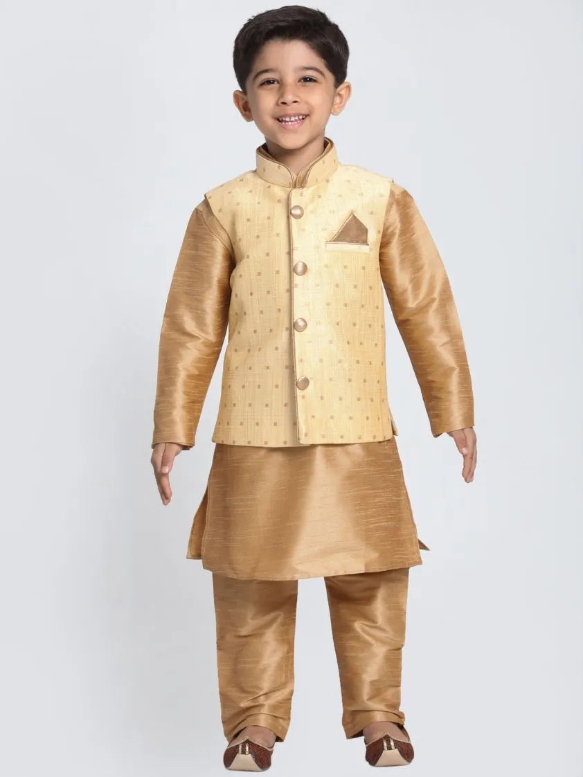 Vastramay Boys' Gold Cotton Silk Blend Kurta, Waistcoat and Pyjama Set