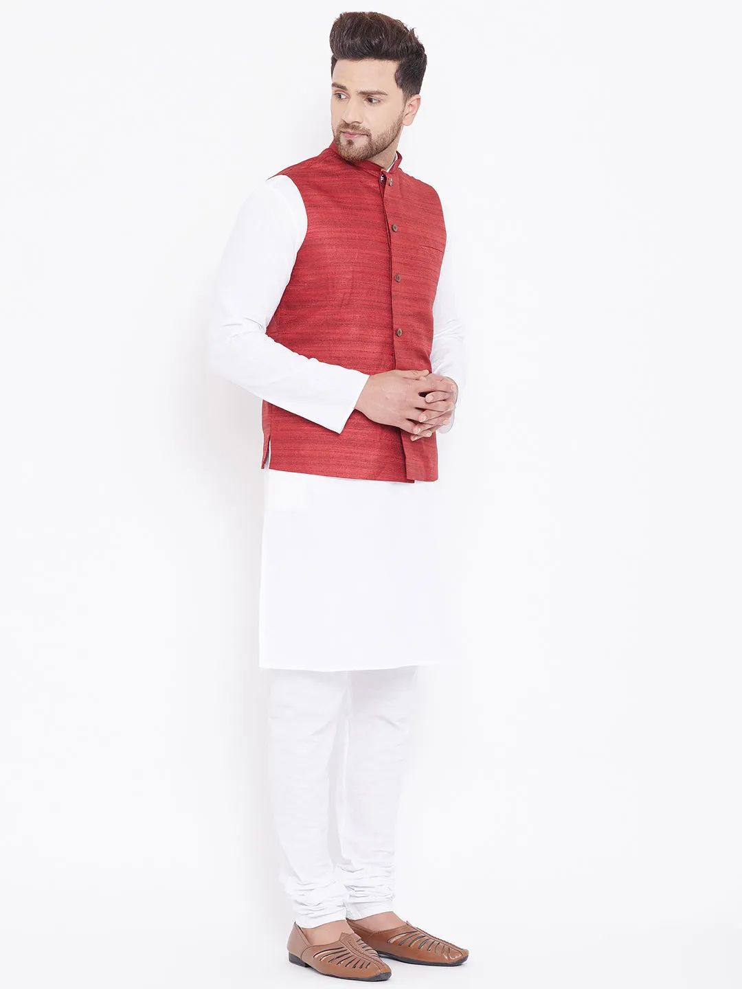 VASTRAMAY Men's Maroon And White Cotton Blend Jacket, Kurta and Pyjama Set