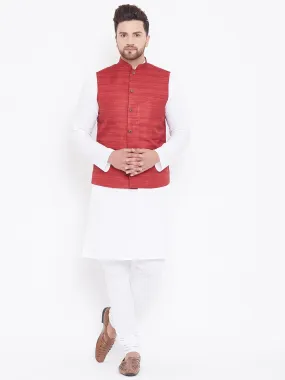 VASTRAMAY Men's Maroon And White Cotton Blend Jacket, Kurta and Pyjama Set