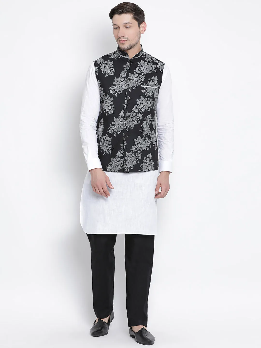 VASTRAMAY Men's White Cotton Blend Kurta, Ethnic Jacket and Pyjama Set