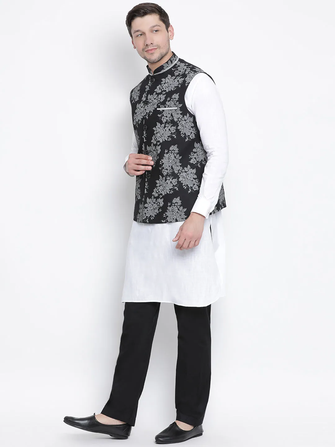 VASTRAMAY Men's White Cotton Blend Kurta, Ethnic Jacket and Pyjama Set