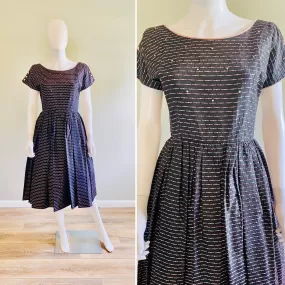 Vintage 1950s Black and Pink Fit and Flare Party Dress / 50s retro swing dress / Size M