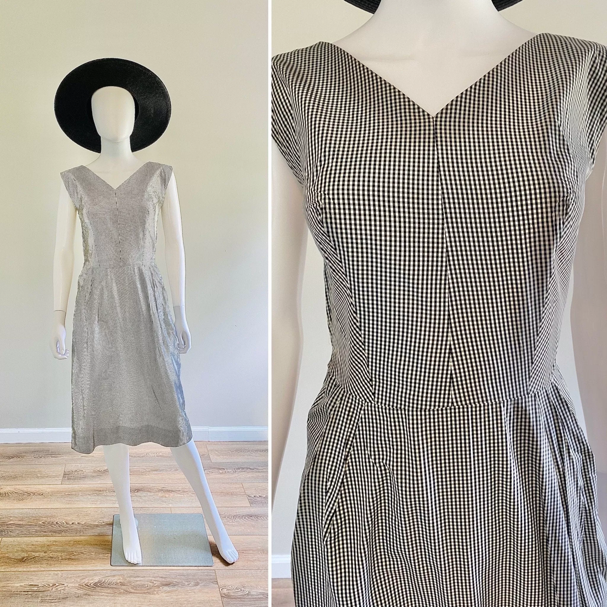 Vintage 1950s Black and White Gingham Plaid Party Dress / 50s Retro Summer Wiggle Dress / Size S M