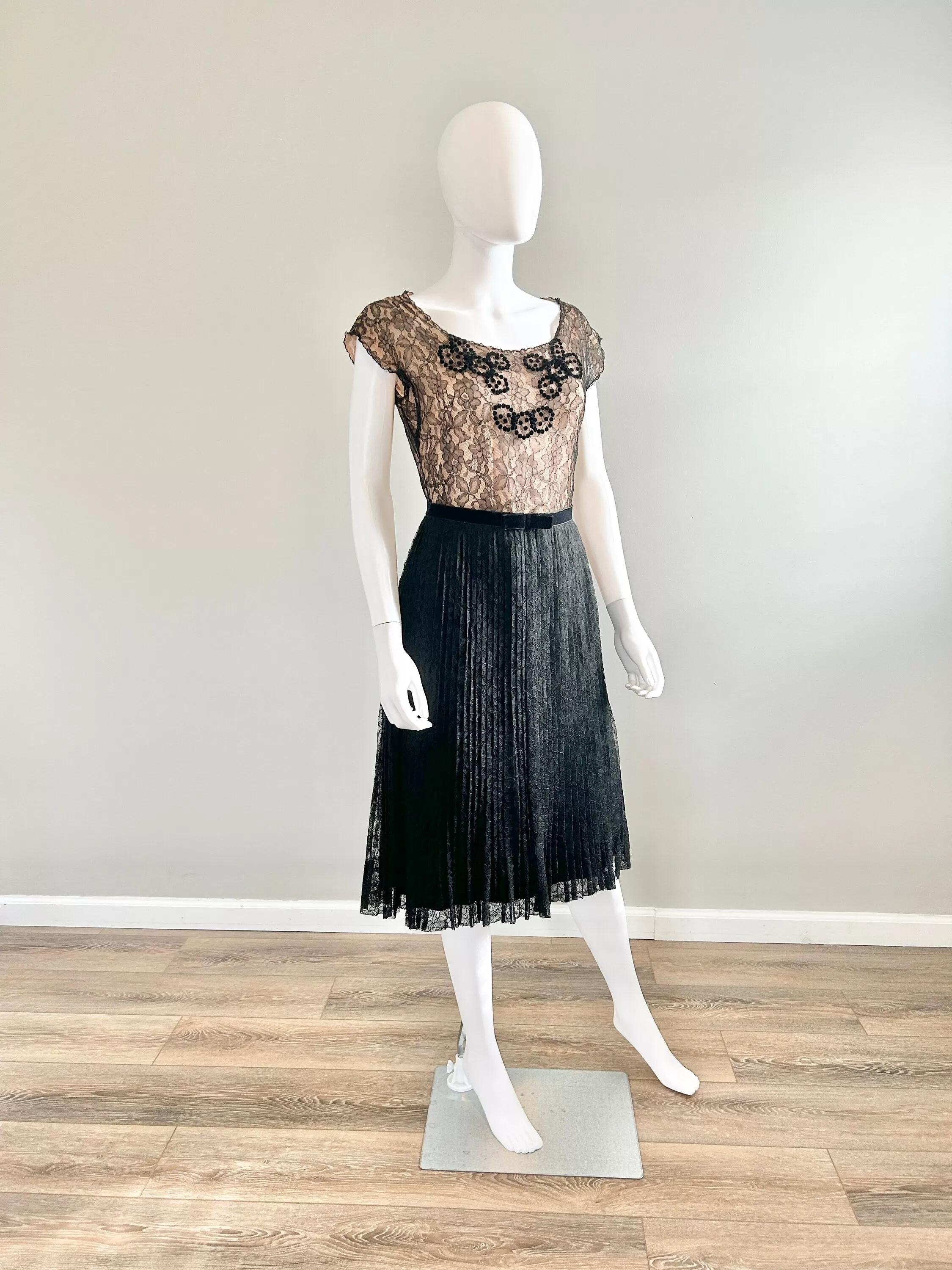 Vintage 1950s Black Lace Illusion Party Dress / 50s retro fit and flare dress / Size S