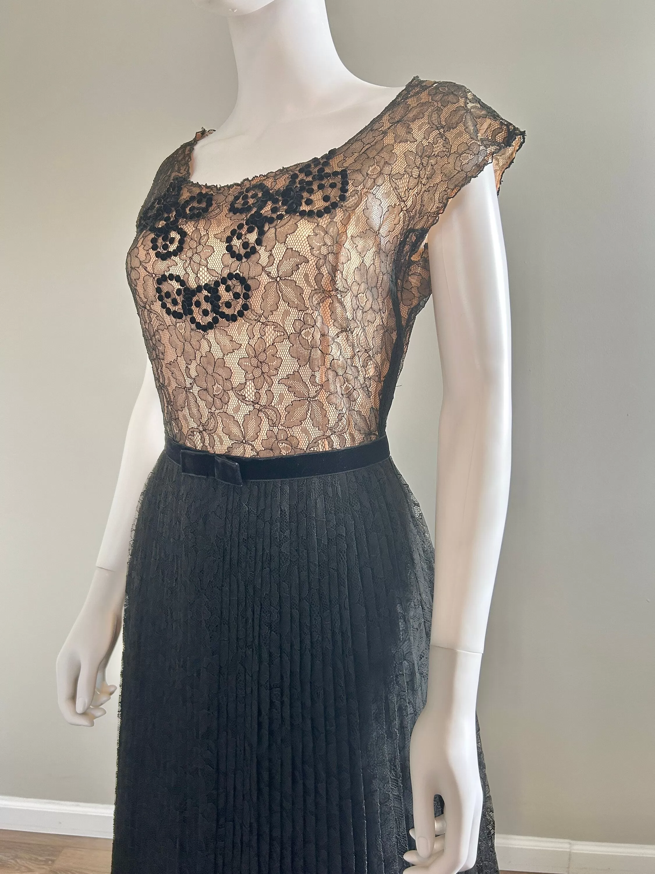 Vintage 1950s Black Lace Illusion Party Dress / 50s retro fit and flare dress / Size S