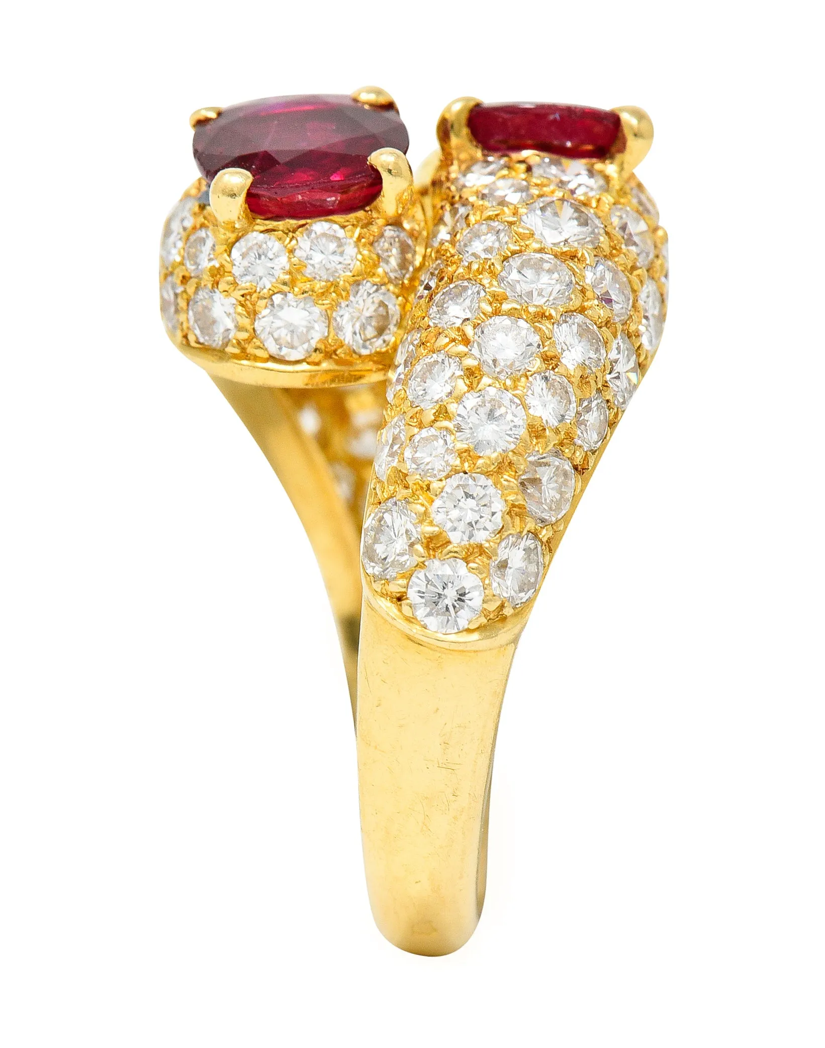 Vintage French Cartier 4.90 CTW Ruby Pavè Diamond 18 Karat Yellow Gold Vintage Bypass Ring GIA