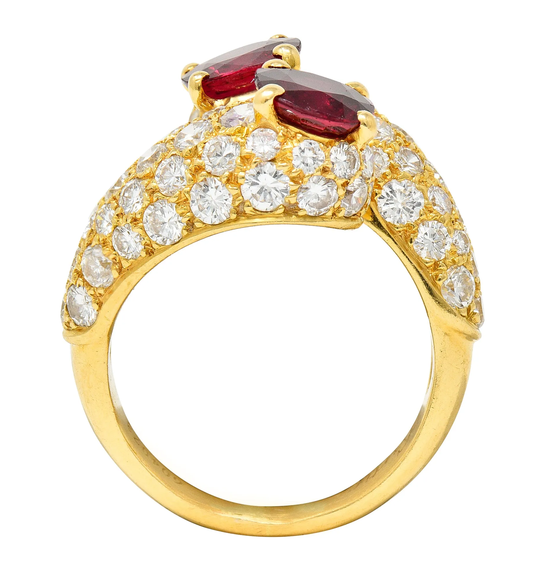 Vintage French Cartier 4.90 CTW Ruby Pavè Diamond 18 Karat Yellow Gold Vintage Bypass Ring GIA