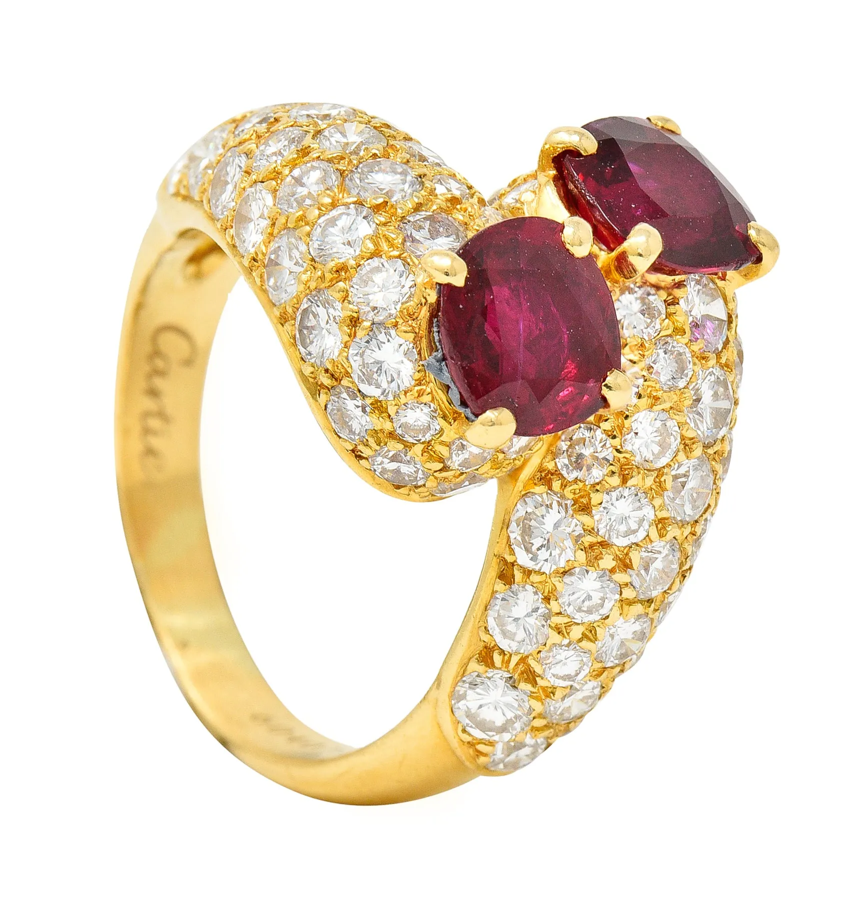 Vintage French Cartier 4.90 CTW Ruby Pavè Diamond 18 Karat Yellow Gold Vintage Bypass Ring GIA