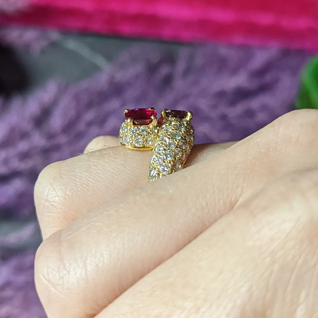 Vintage French Cartier 4.90 CTW Ruby Pavè Diamond 18 Karat Yellow Gold Vintage Bypass Ring GIA