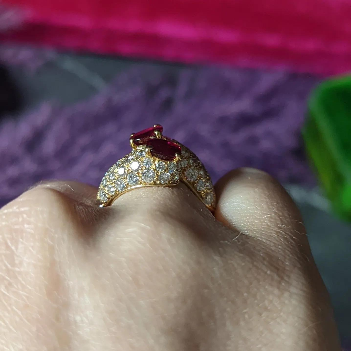 Vintage French Cartier 4.90 CTW Ruby Pavè Diamond 18 Karat Yellow Gold Vintage Bypass Ring GIA