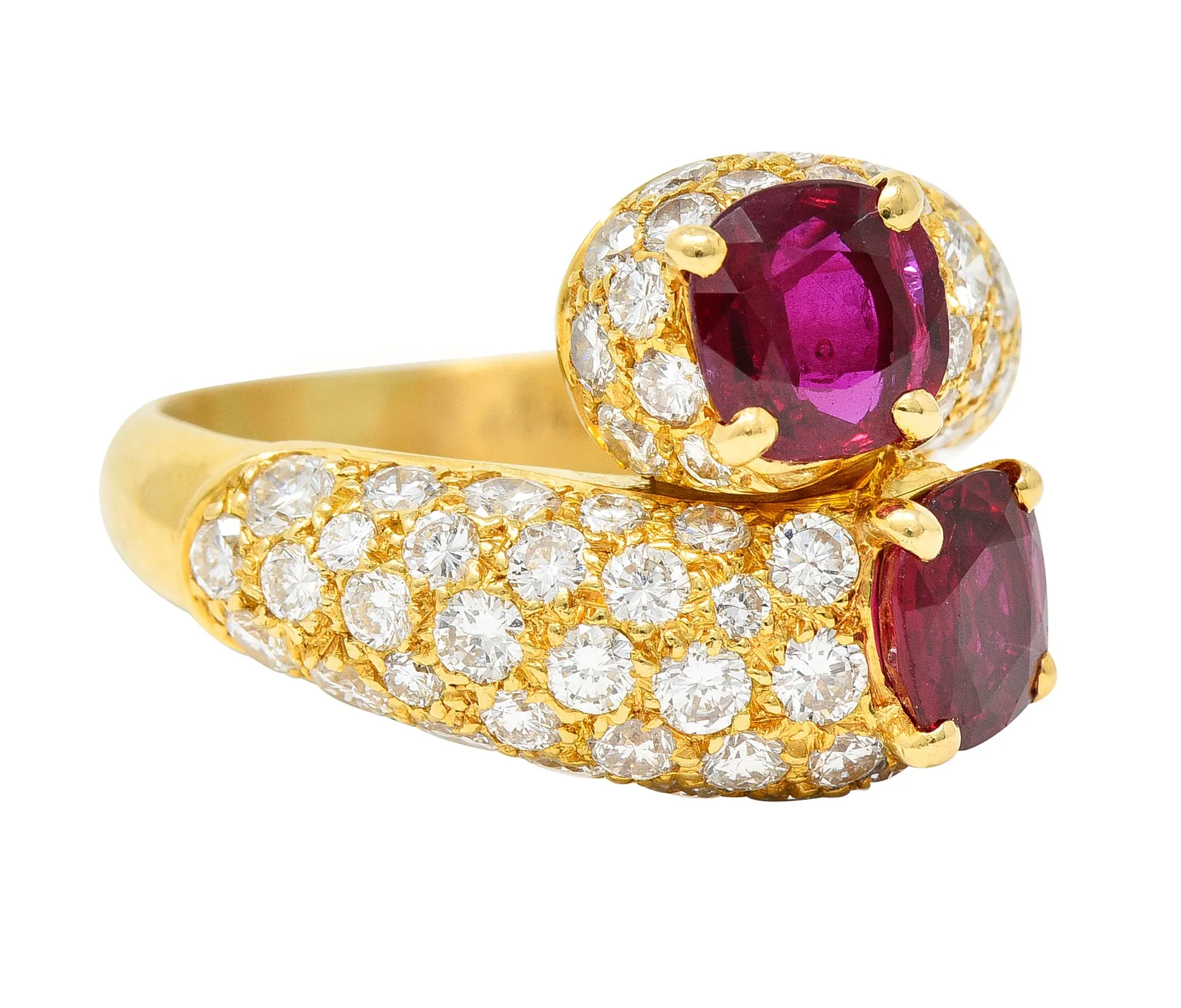 Vintage French Cartier 4.90 CTW Ruby Pavè Diamond 18 Karat Yellow Gold Vintage Bypass Ring GIA