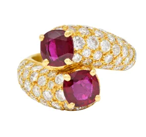 Vintage French Cartier 4.90 CTW Ruby Pavè Diamond 18 Karat Yellow Gold Vintage Bypass Ring GIA