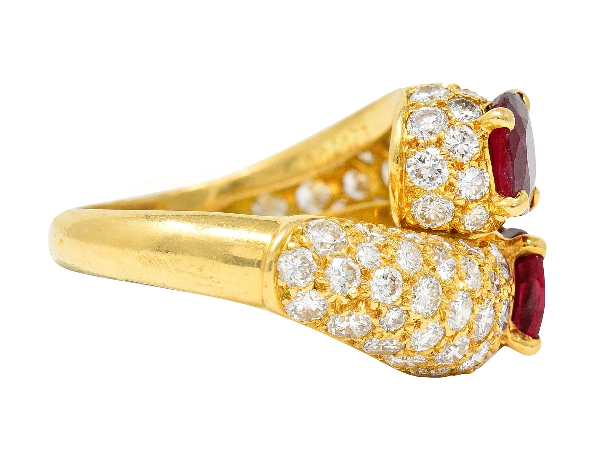 Vintage French Cartier 4.90 CTW Ruby Pavè Diamond 18 Karat Yellow Gold Vintage Bypass Ring GIA