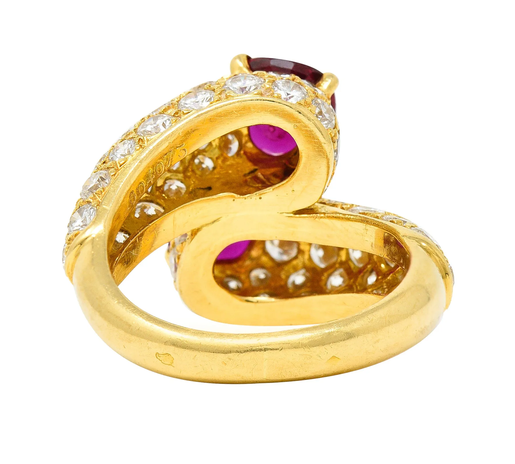 Vintage French Cartier 4.90 CTW Ruby Pavè Diamond 18 Karat Yellow Gold Vintage Bypass Ring GIA