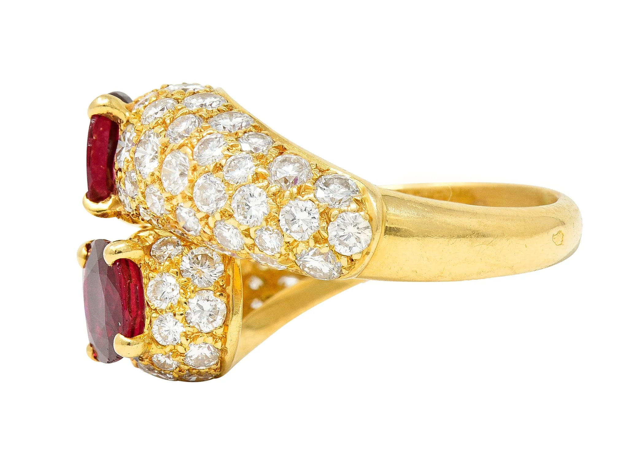 Vintage French Cartier 4.90 CTW Ruby Pavè Diamond 18 Karat Yellow Gold Vintage Bypass Ring GIA