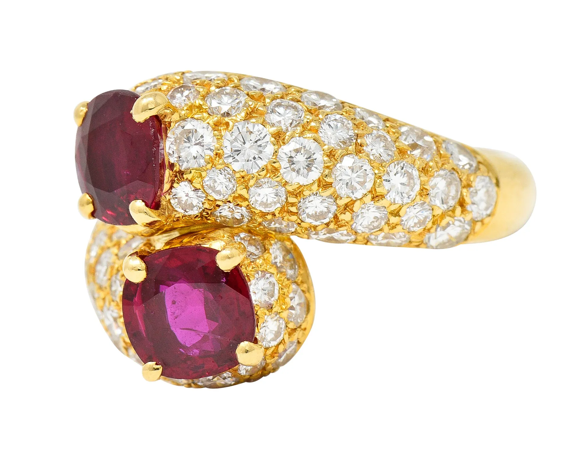 Vintage French Cartier 4.90 CTW Ruby Pavè Diamond 18 Karat Yellow Gold Vintage Bypass Ring GIA