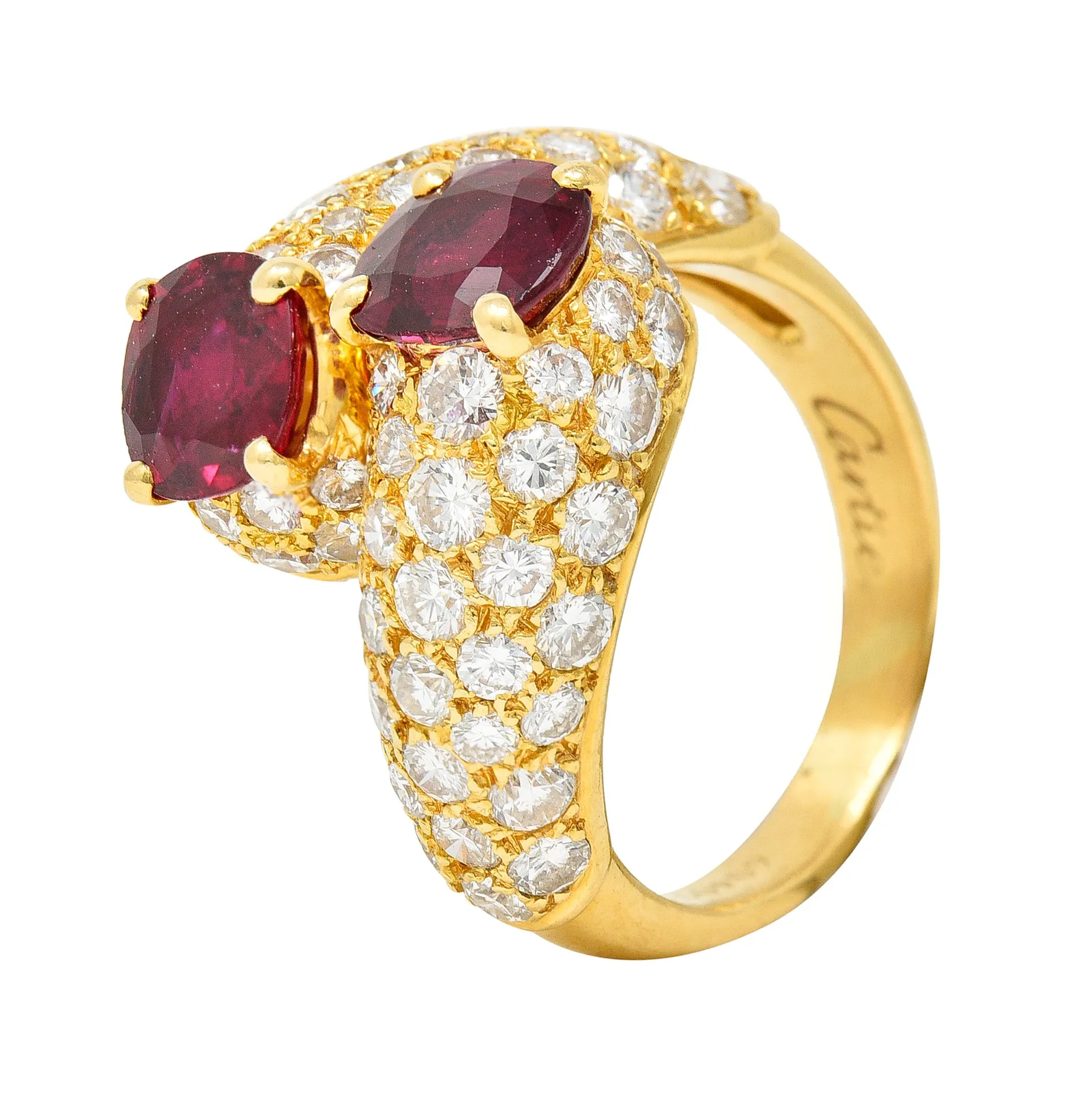 Vintage French Cartier 4.90 CTW Ruby Pavè Diamond 18 Karat Yellow Gold Vintage Bypass Ring GIA